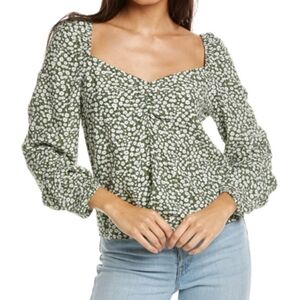 Boden Top Sweetheart Neckline Long Blouson Sleeve Tulip Sprig Print Green 6 NWT